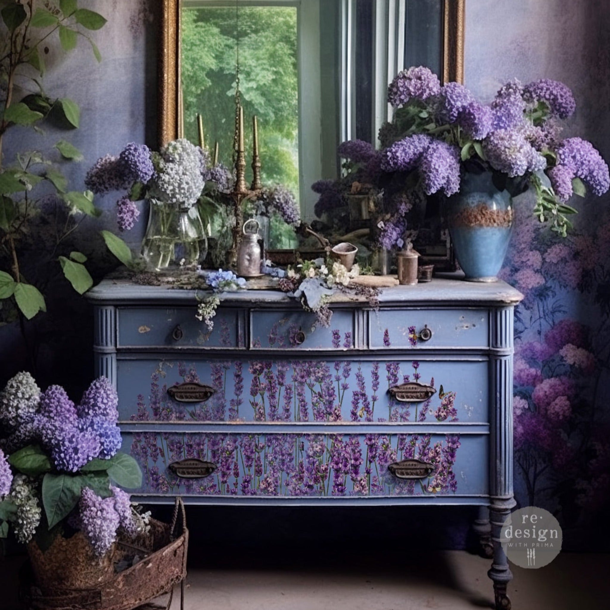 A vintage dresser is painted a soft blue and features ReDesign with Prima's Champs de Lavende transfer on it.