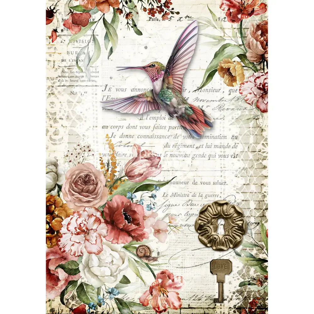 Rice paper design featuring a vibrant hummingbird, vintage floral document, and charming key and keyhole. White borders are on the sides.