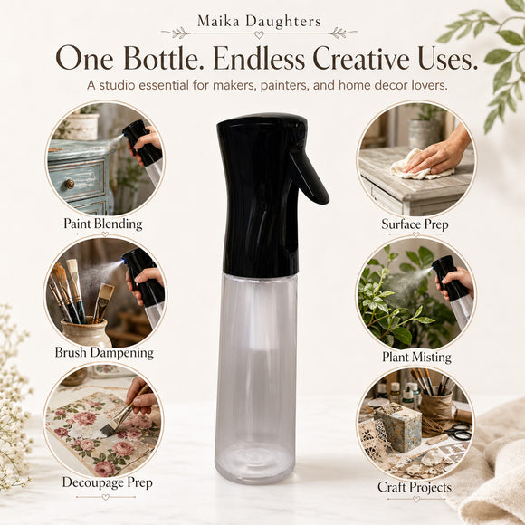 Maika Daughters continuous fine mist spray bottle for paint blending, brush dampening, decoupage prep, surface prep, plant misting, and crafts.