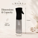 Continuous fine mist spray bottle with black trigger top showing 9 inch height, 2.25 inch base, and 300 ml capacity.