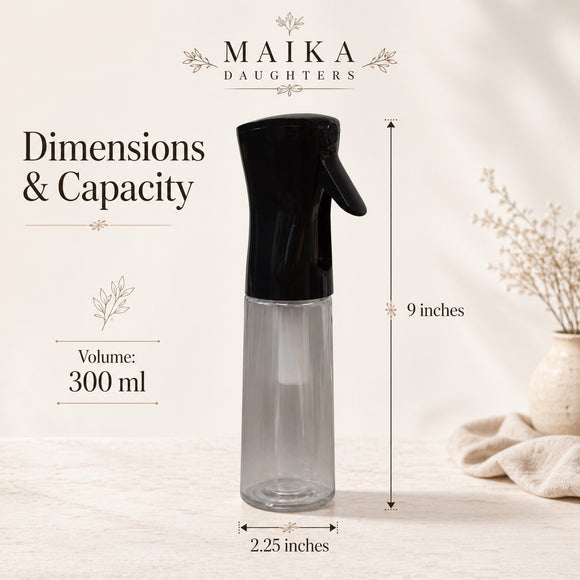Continuous fine mist spray bottle with black trigger top showing 9 inch height, 2.25 inch base, and 300 ml capacity.