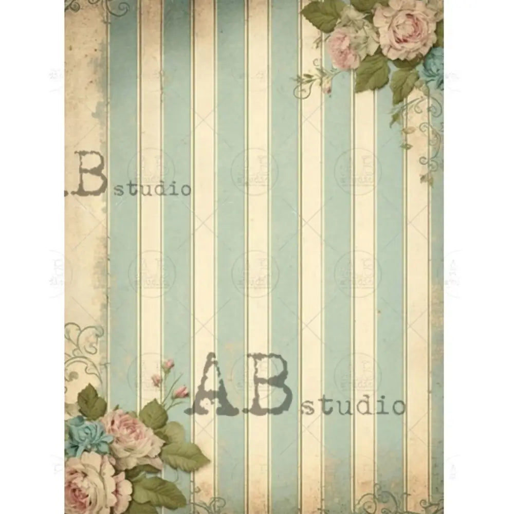 Rice paper featuring pale blue and cream stripes with small bouquets of soft pink flowers in the top right and bottom left corners. White borders are on the sides.