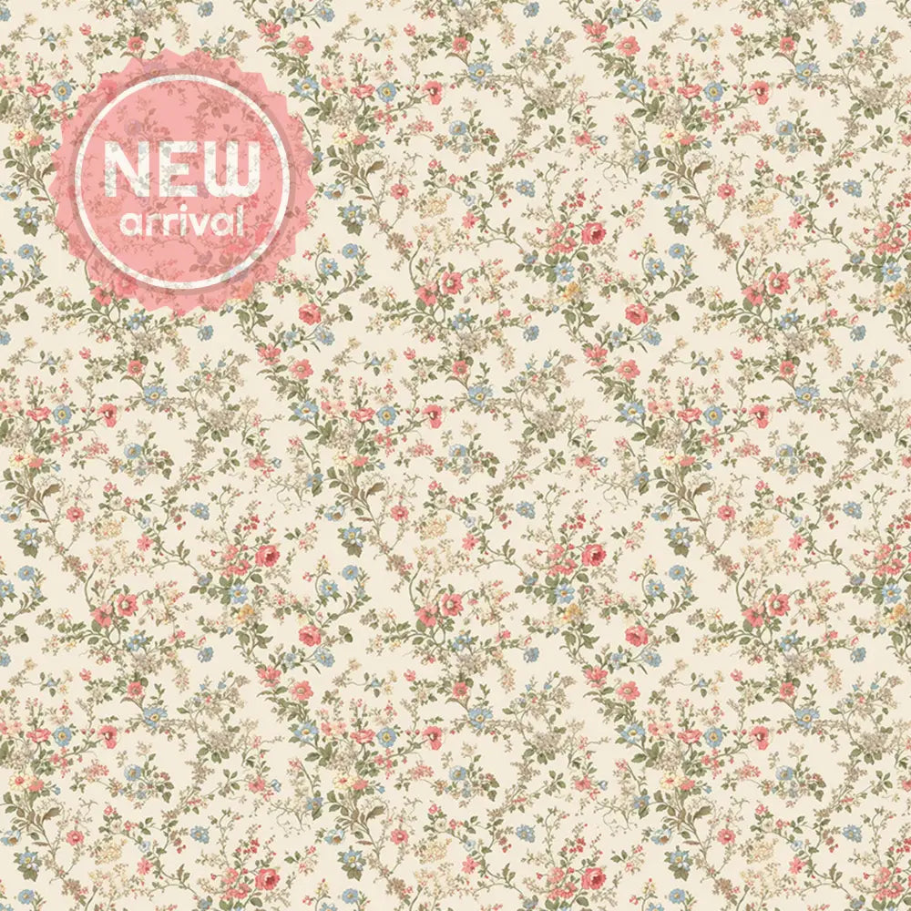 Close-up of a rice paper that features a beautiful dainty vintage wallpaper print with pink and blue flowers against a cream background.