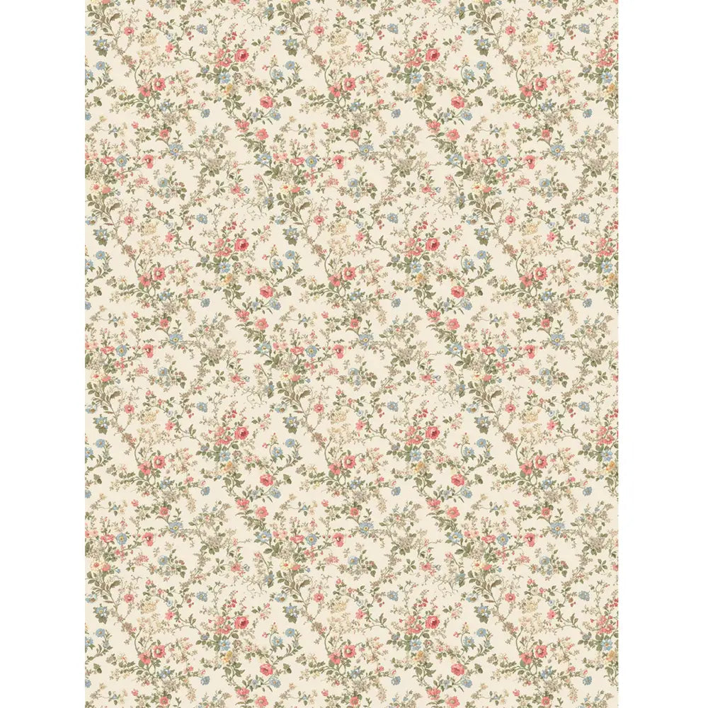 Rice paper that features a beautiful dainty vintage wallpaper print with pink and blue flowers against a cream background. White borders are on the sides.