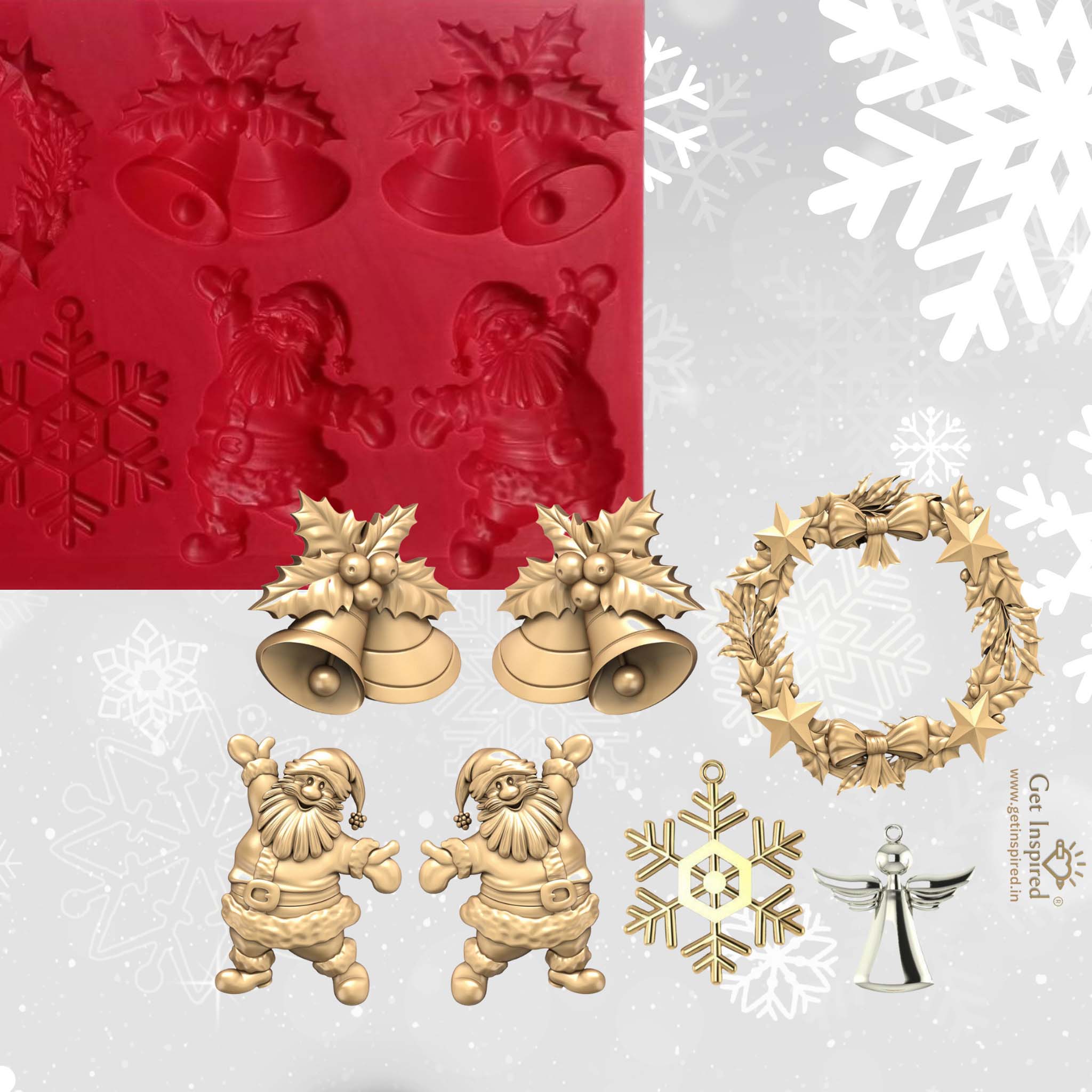 A red silicone mould and gold and silver colored castings of Get Inspired by Dadarkar Art's Christmas Charm are against a light grey with white snowflakes background.
