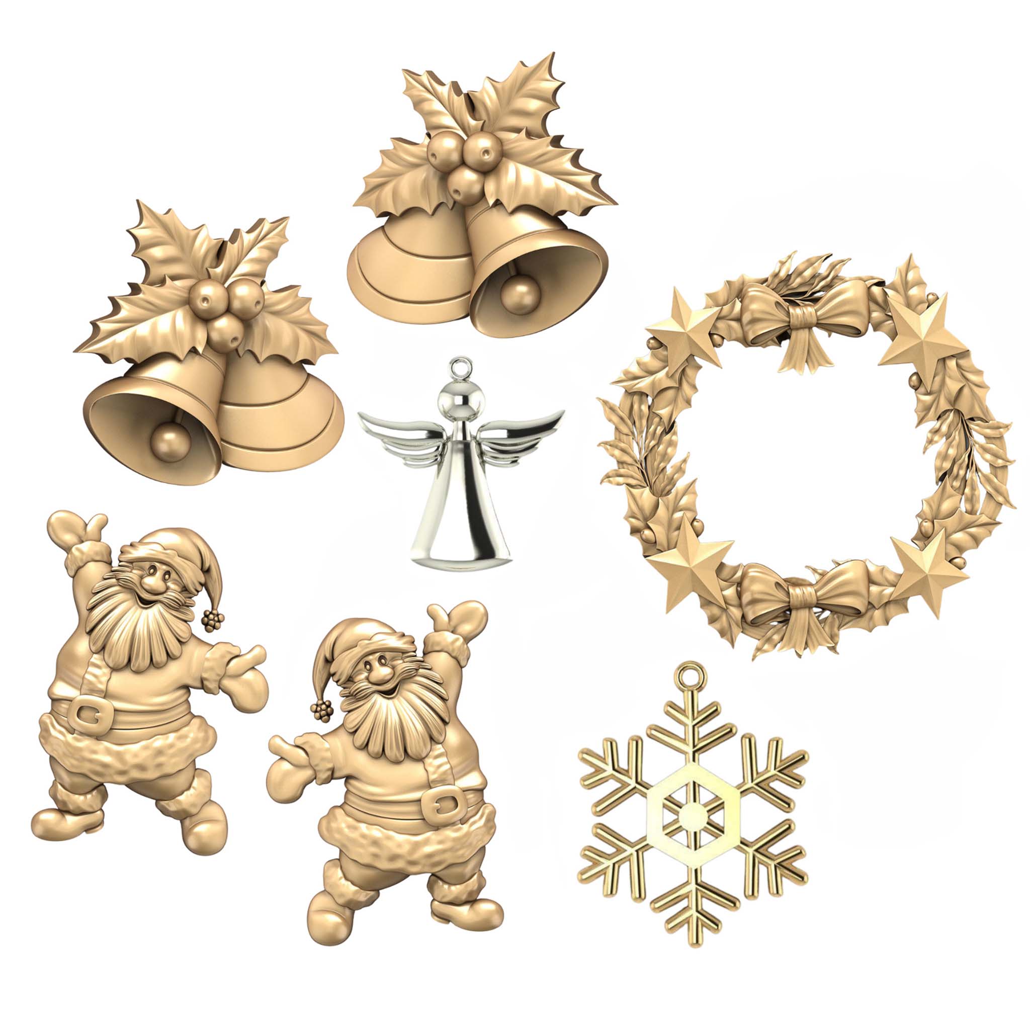 Silicone mold castings featuring 6 gold colored designs of 2 Santas, a wreath, a snowflake ornament, and 2 sets of bells with holly and 1 silver angel ornament are all against a white background.