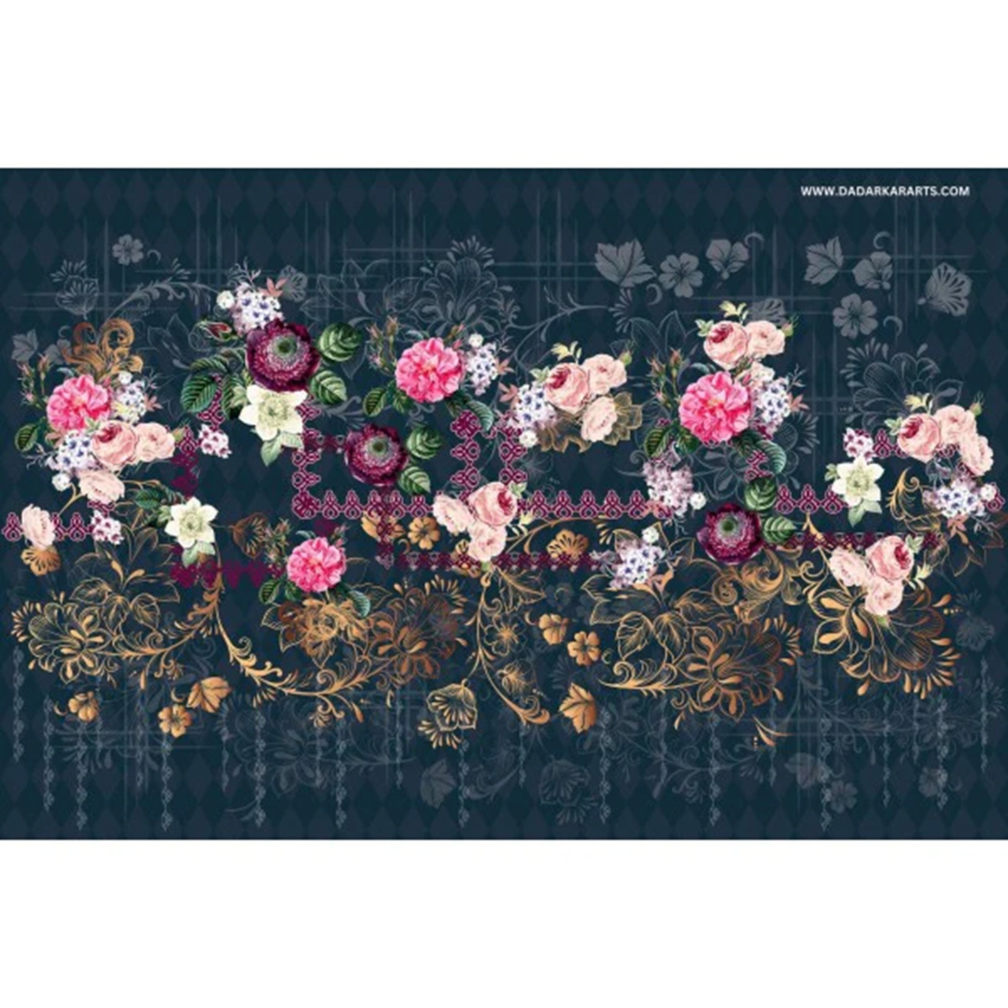 Rice paper featuring a navy harlequin diamond backdrop with stunning floral bouquets in shades of blush, maroon, and gold swirling vines. White borders are on the top and bottom.