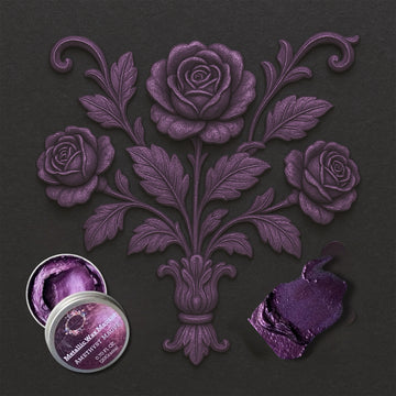 An open container of Dadarkar Art's Amethyst Mauve Metallic Wax Mousse is shown on a silicone mold casting of a bouquet of 3 roses. A color swatch sample is also shown.