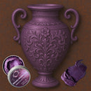 An open container of Dadarkar Art's Amethyst Mauve Metallic Wax Mousse is shown on a silicone mold casting of a vintage amphora style vase. A color swatch sample is also shown.