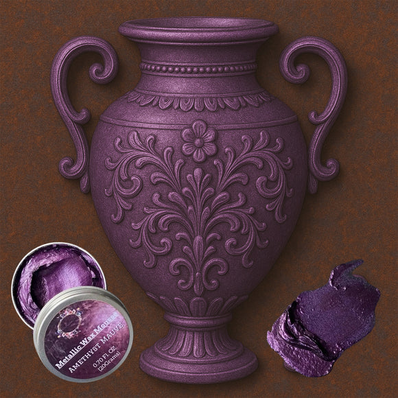 An open container of Dadarkar Art's Amethyst Mauve Metallic Wax Mousse is shown on a silicone mold casting of a vintage amphora style vase. A color swatch sample is also shown.