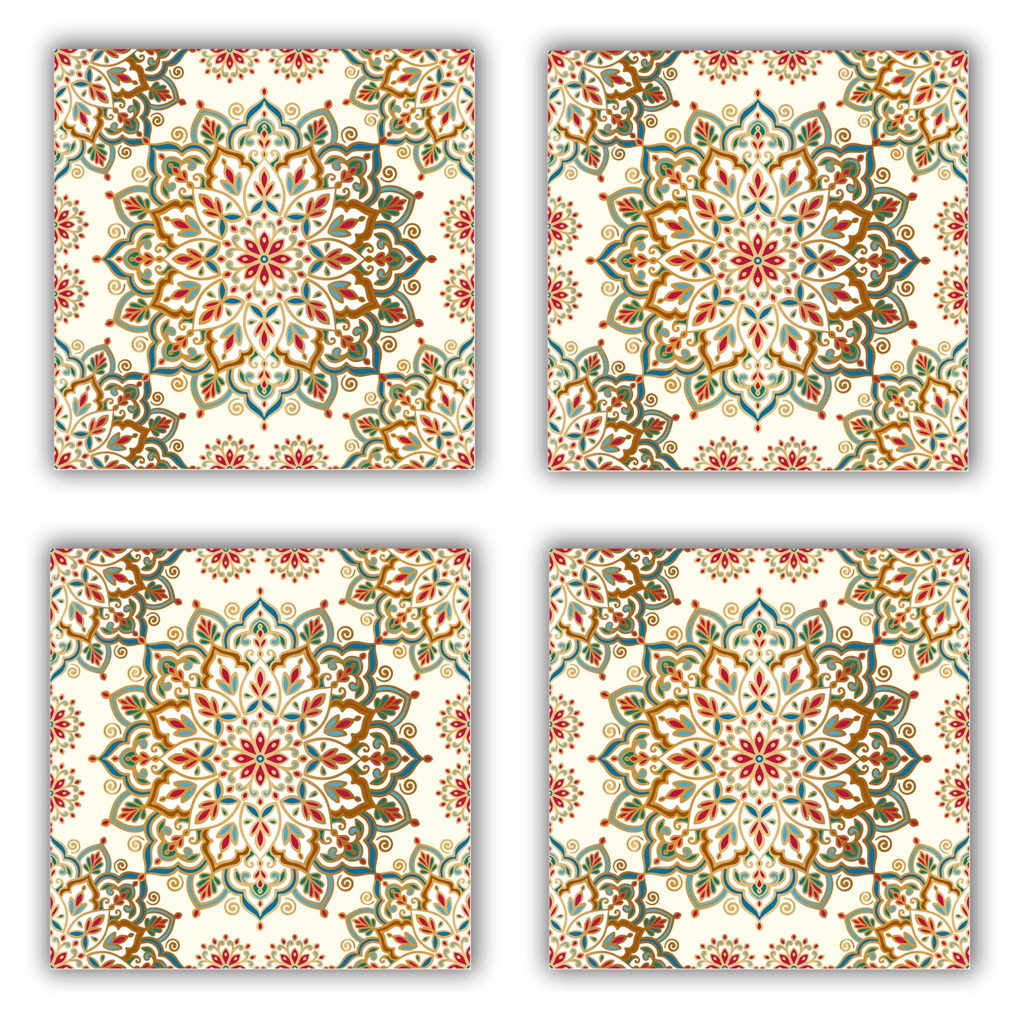 Rub-on transfer design featuring 4 sheets of interconnecting ornate mandalas in shades of burgundy, teal, and cream are against a white background.