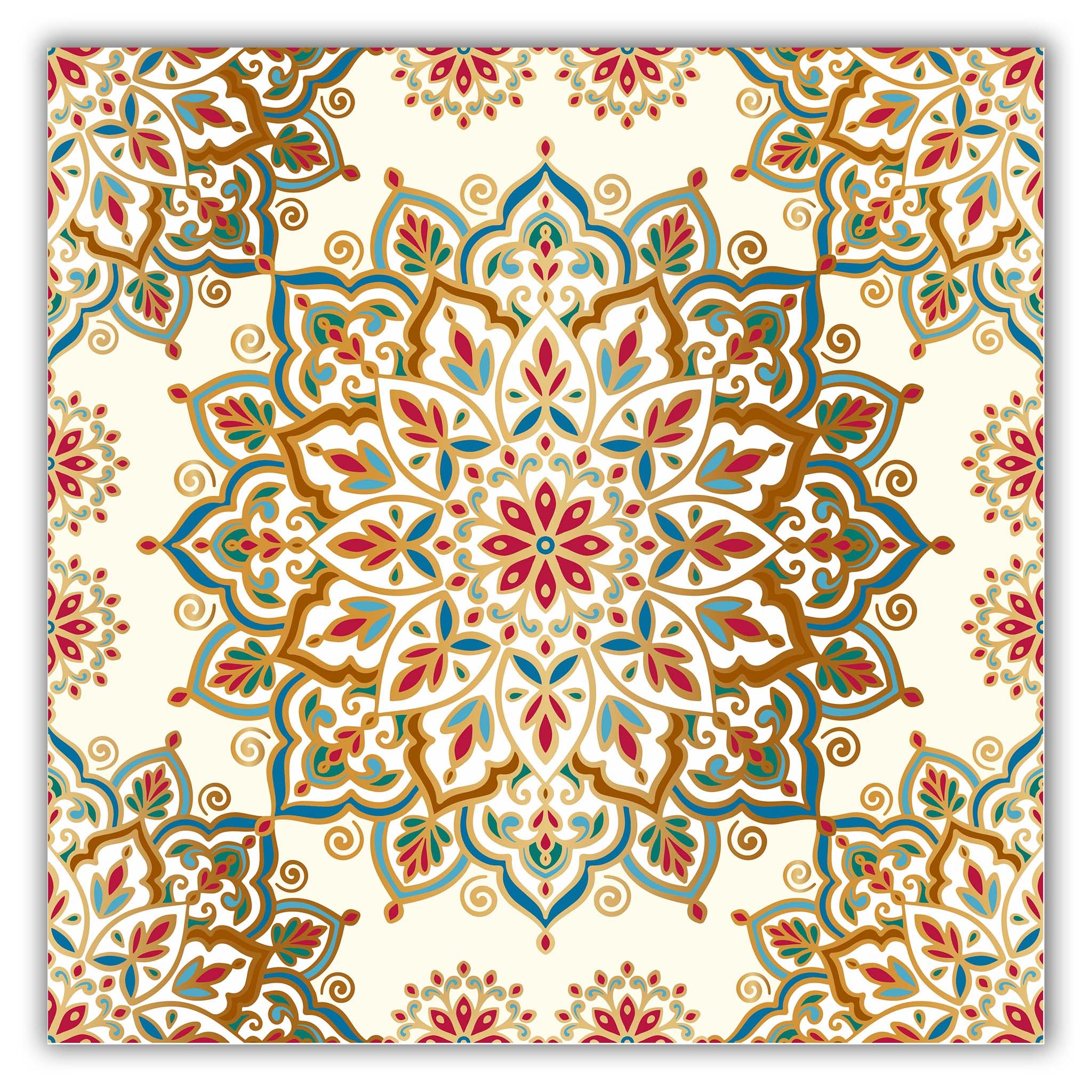 Close-up of a rub-on transfer design featuring interconnecting ornate mandalas in shades of burgundy, teal, and cream.