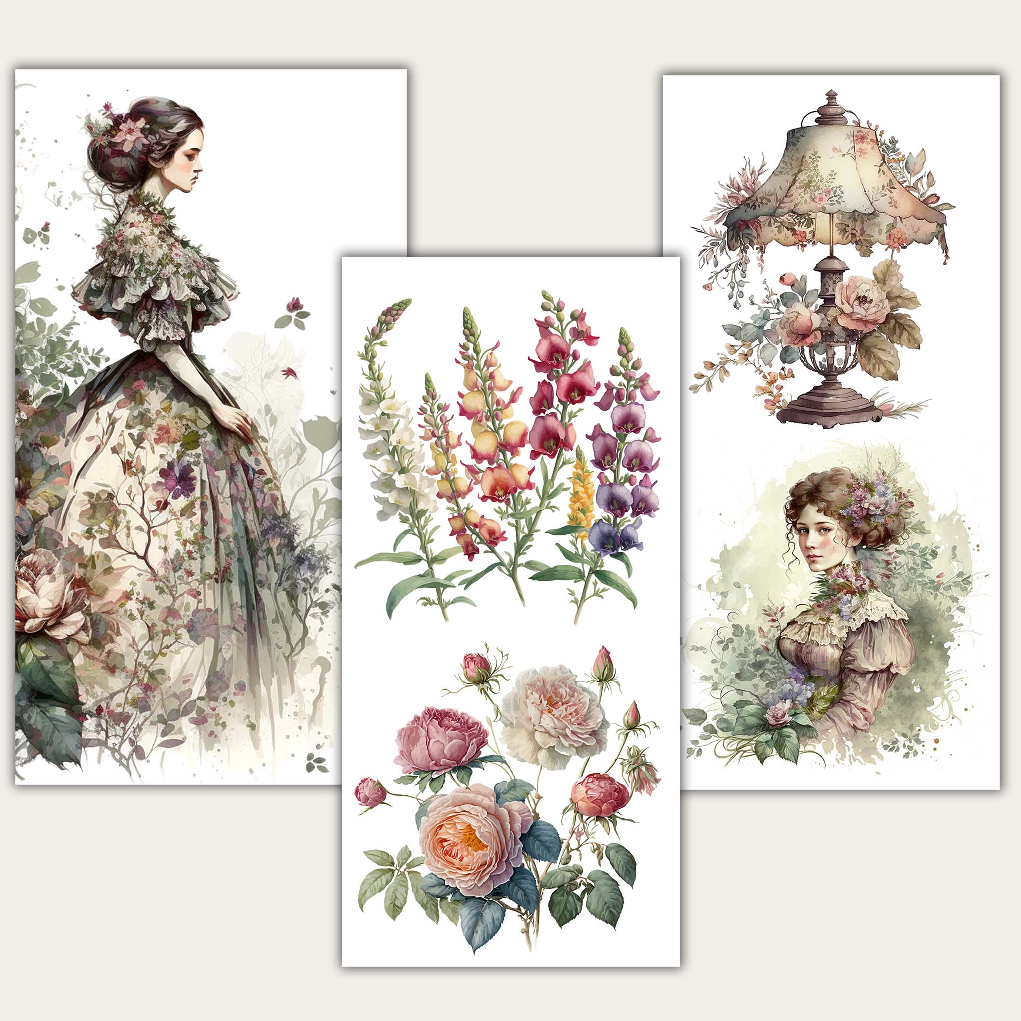 Three sheets of small rub on transfers that feature Victorian women, a vintage lamp, and bouquets of flowers are against a beige background.