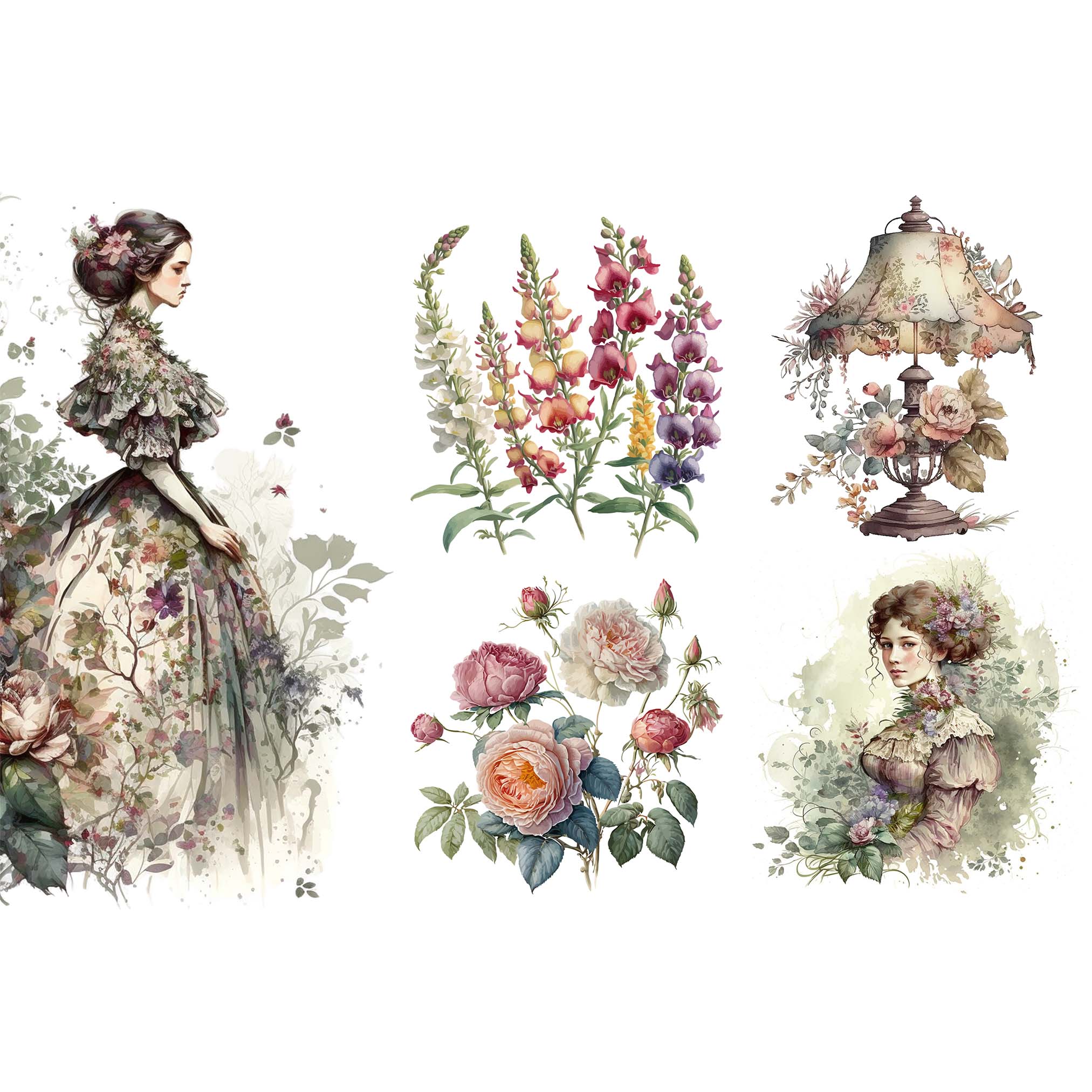 Small rub on transfers that feature Victorian women, a vintage lamp, and bouquets of flowers are against a white background.