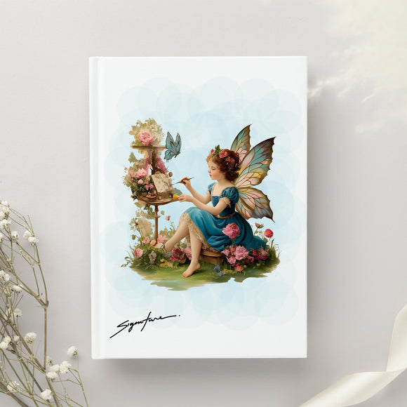 Fairy sitting with flowers and a butterfly on a light blue background