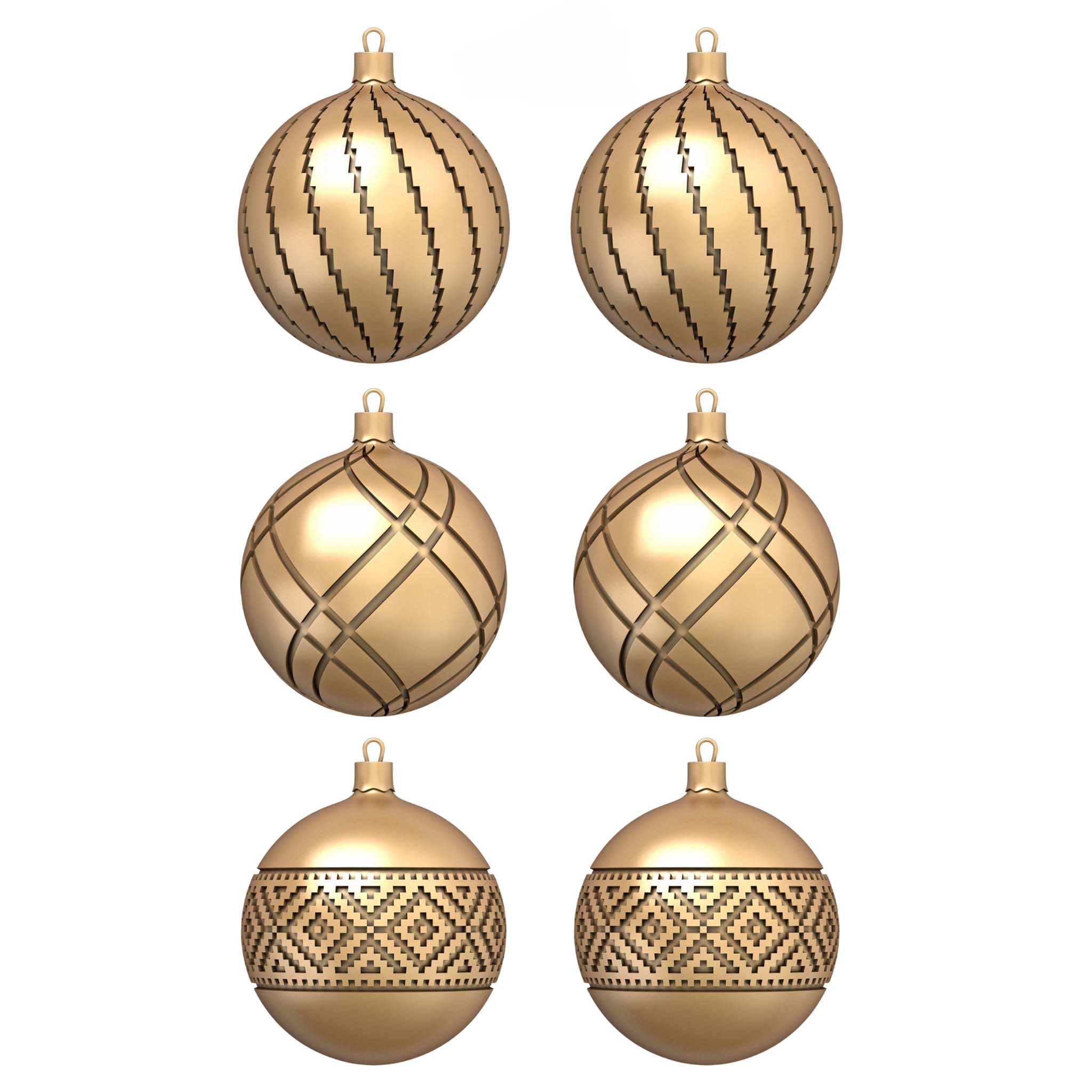 Gold colored silicone mould castings of 6 ornaments are against a white background. There are 2 each of 3 different designs.