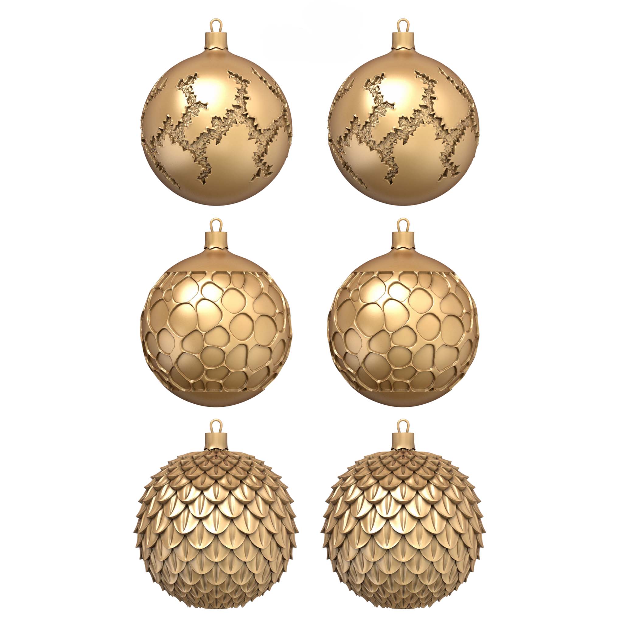 Gold colored silicone mould castings of 6 ornaments are against a white background. There are 2 each of 3 different designs.
