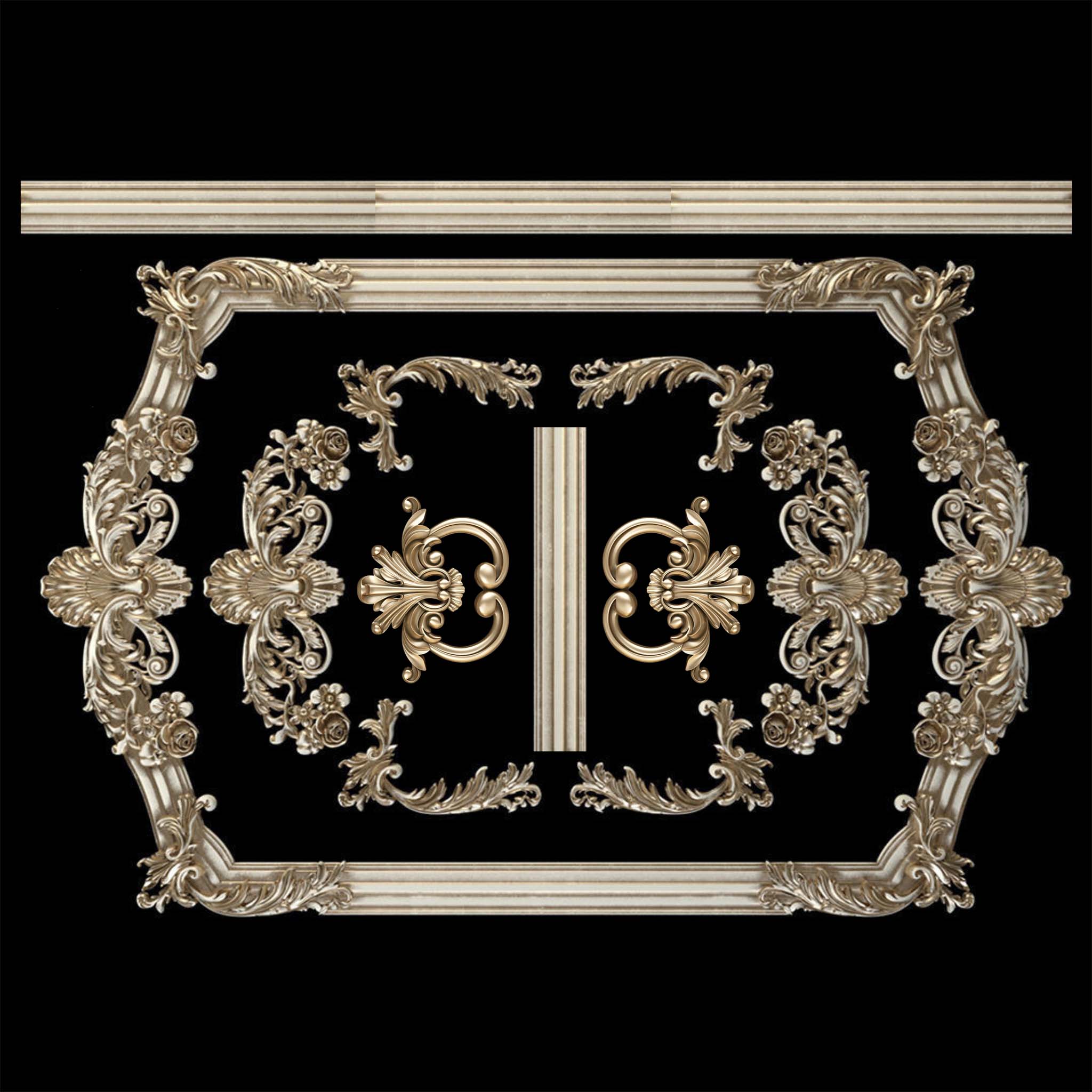 Gold-colored silicone mold castings of ornate frames and accent pieces are against a black background.