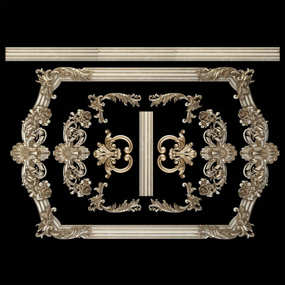 Gold colored silicone mold castings of ornate vintage frames and border trim are against a black background.