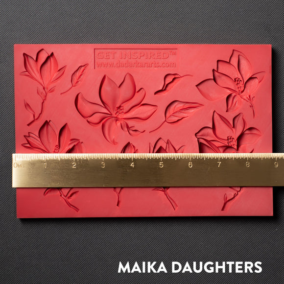 Magnolia Grace silicone mold by Dadarkar Arts with ruler showing approximate 9-inch width