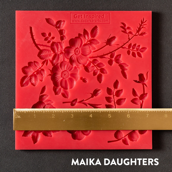 Dadarkar Art Greek Roses silicone mold with ruler across for scale, featuring rose bouquet flowers and leaf details