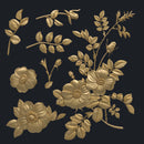 Gold render of Dadarkar Art Greek Roses rose bouquet design showing flowers, buds, leaves, and stems for the silicone mold layout