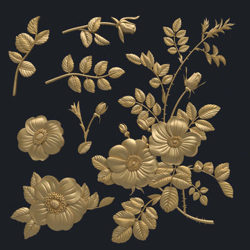 Gold render of Dadarkar Art Greek Roses rose bouquet design showing flowers, buds, leaves, and stems for the silicone mold layout