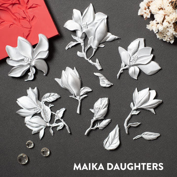 Magnolia flower and leaf castings made with Dadarkar Arts Magnolia Grace silicone mold for furniture, resin, clay, and crafts