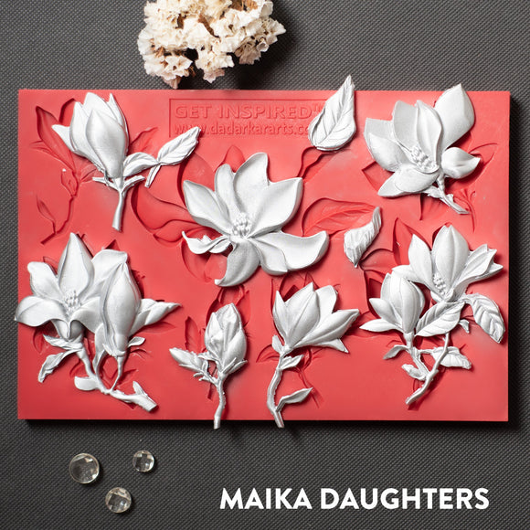 Dadarkar Arts Magnolia Grace silicone mold featuring magnolia blooms, buds, and leaves (floral botanical design)