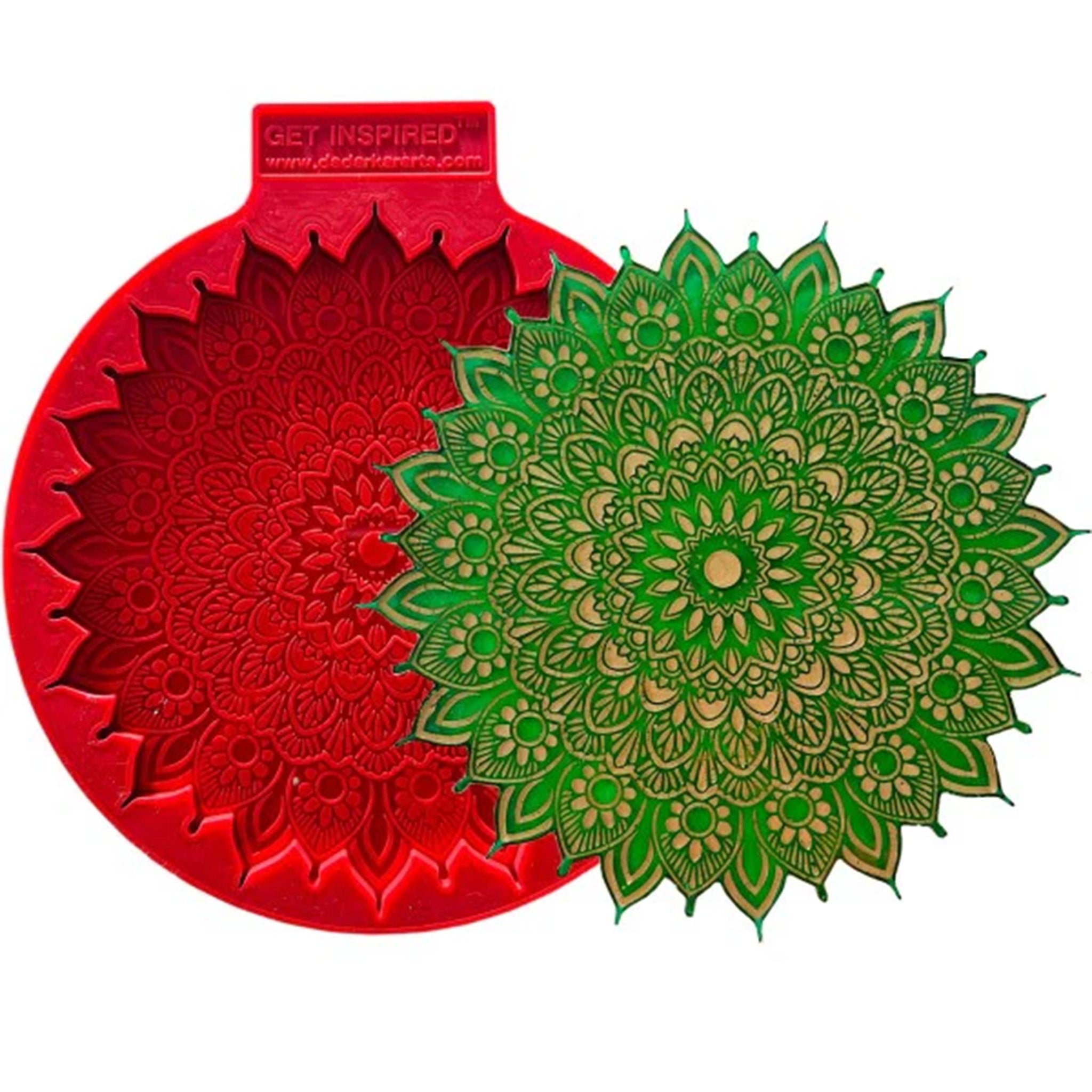 A red silicone mold and green and gold painted casting of a large mandala with paisleys are against a white background.