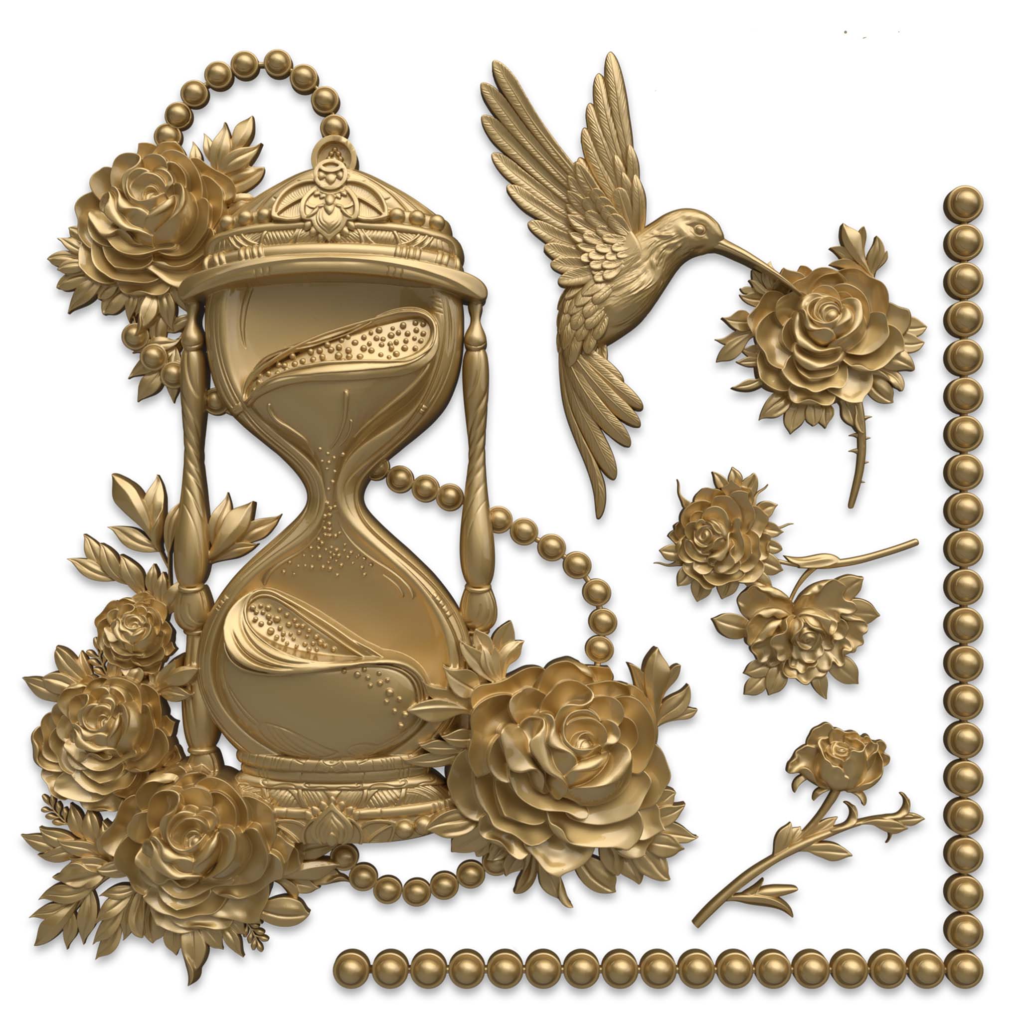 Gold colored silicone mold castings featuring an hourglass wrapped in intricate flowers and beads, a hummingbird, flower blooms, and a beaded corner trim are against a white background.