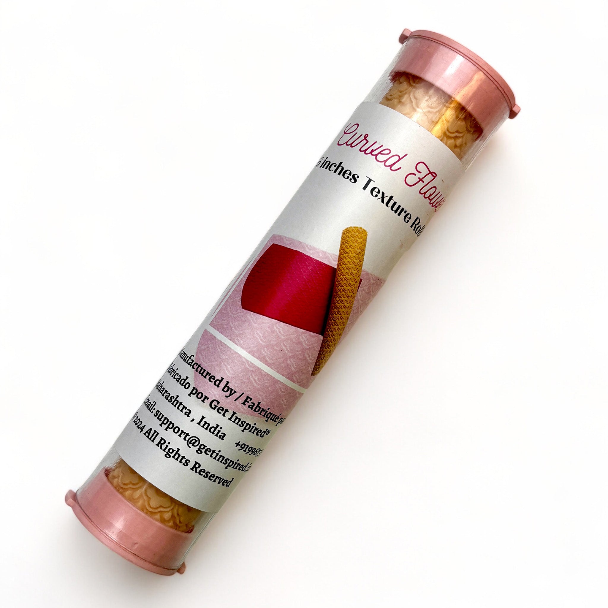 A package tube of Dadarkar Art's Curved Flowers Texture Roller is against a white background.
