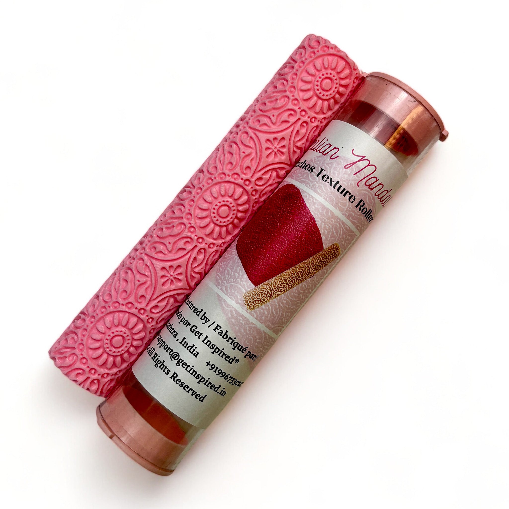 A texture roller and packaging tube of Dadarkar Art's Italian Mandala are against a white background.
