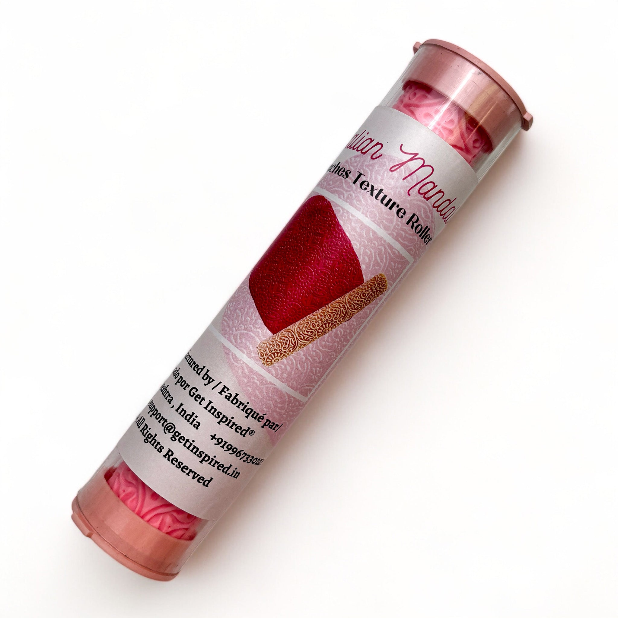 A package tube of Dadarkar Art's Italian Mandala Texture Roller is against a white background.
