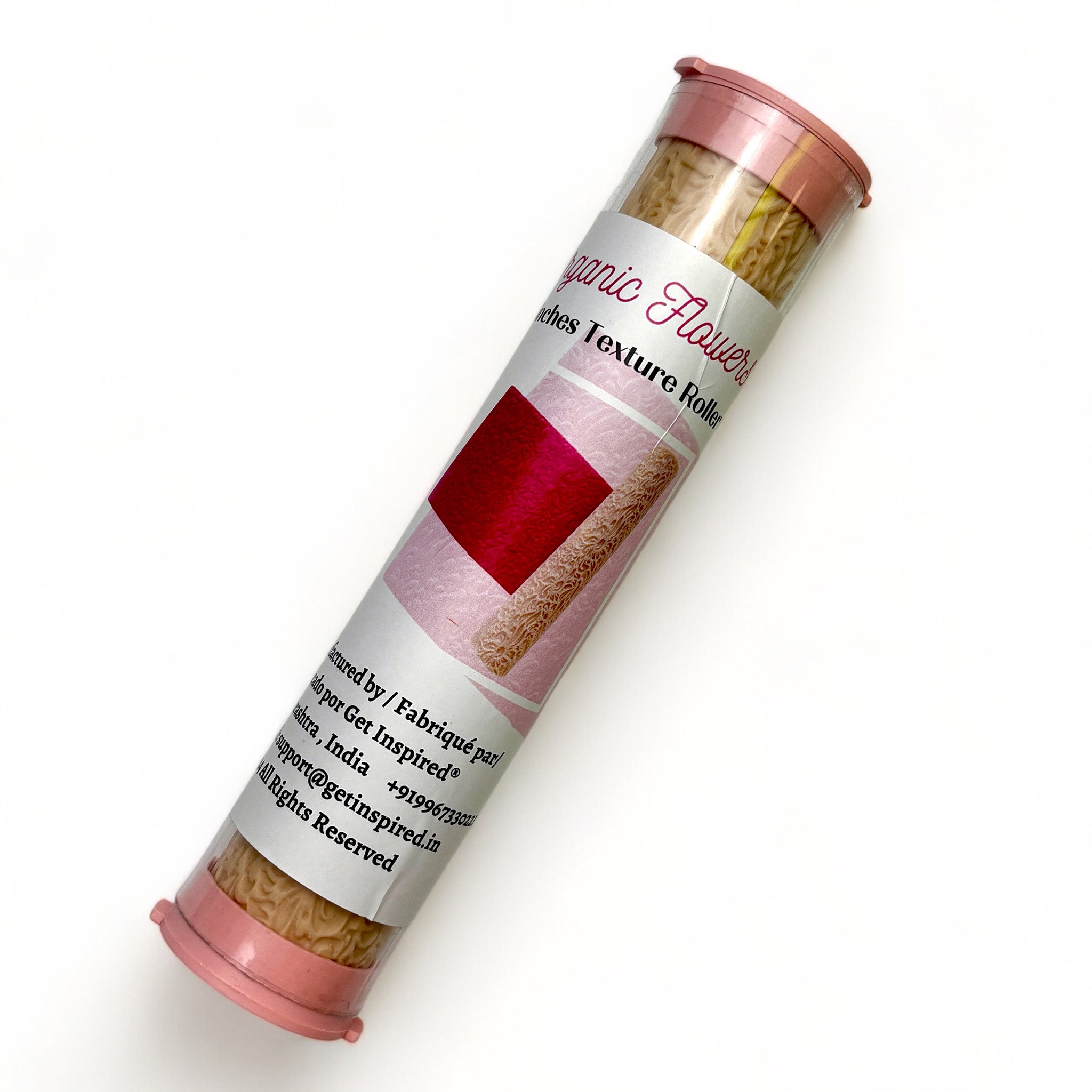 A package tube of Dadarkar Art's Organic Flowers Texture Roller is against a white background.
