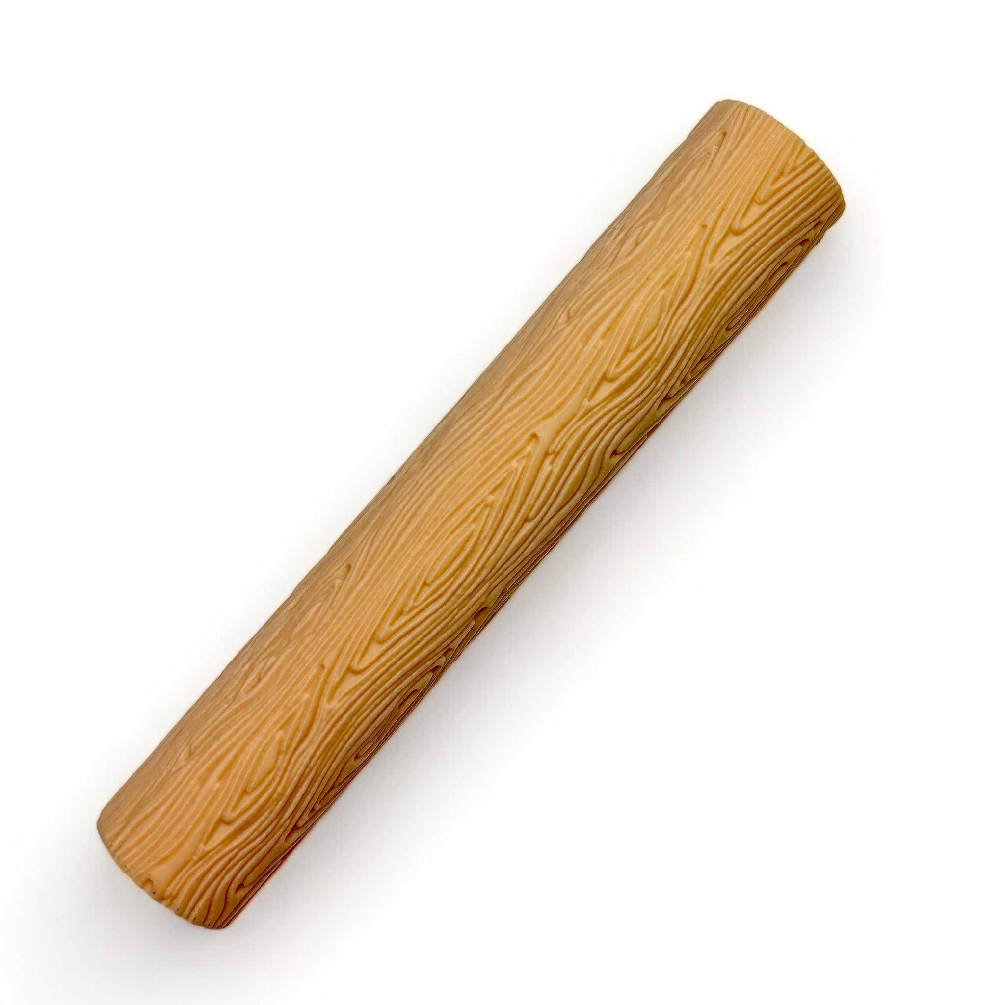 A seamless texture roller featuring a wood grain pattern is against a white background.
