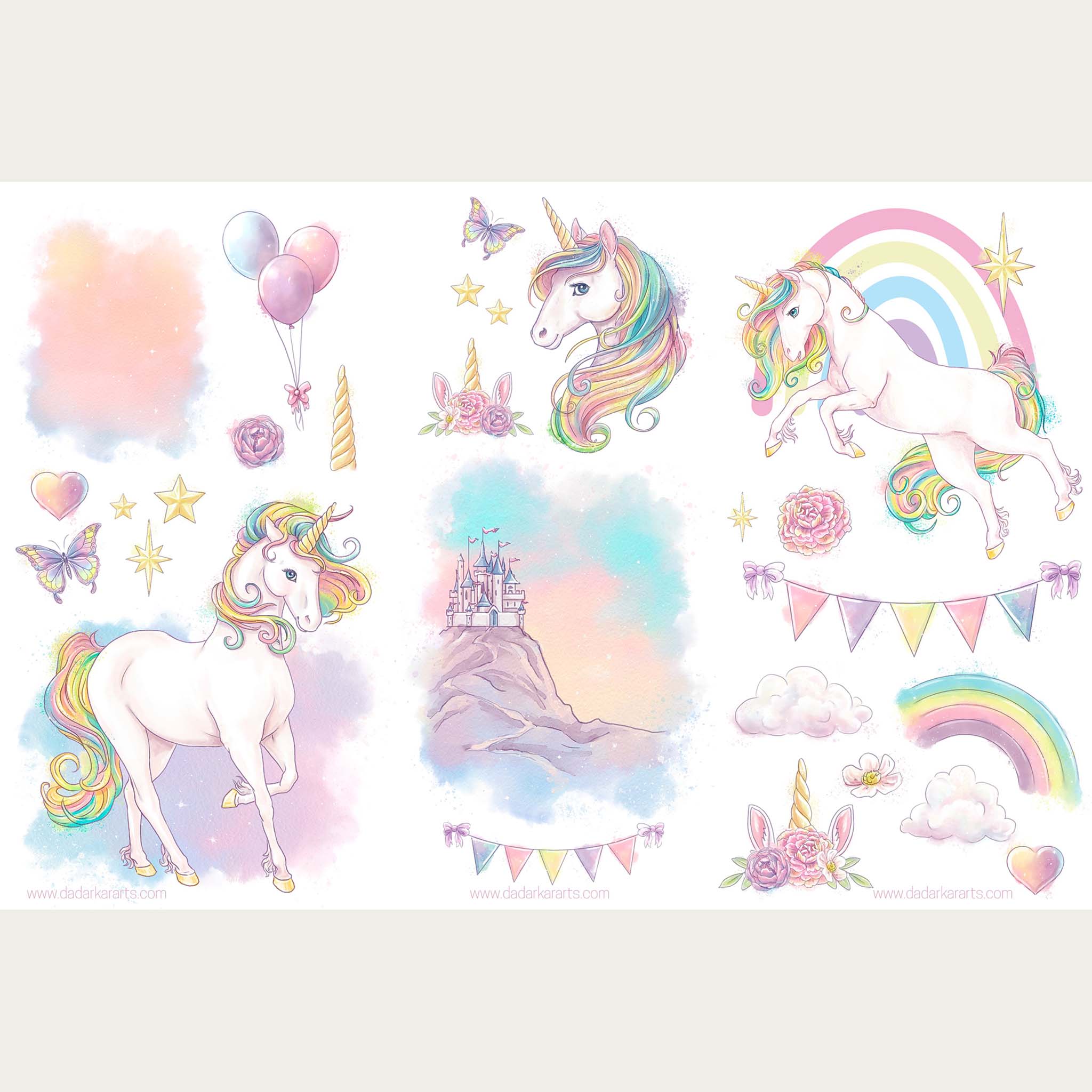 Small rub-on transfers featuring pastel unicorns, rainbows, butterflies, roses, balloons, clouds, and a castle on a mountain are against a light beige background.