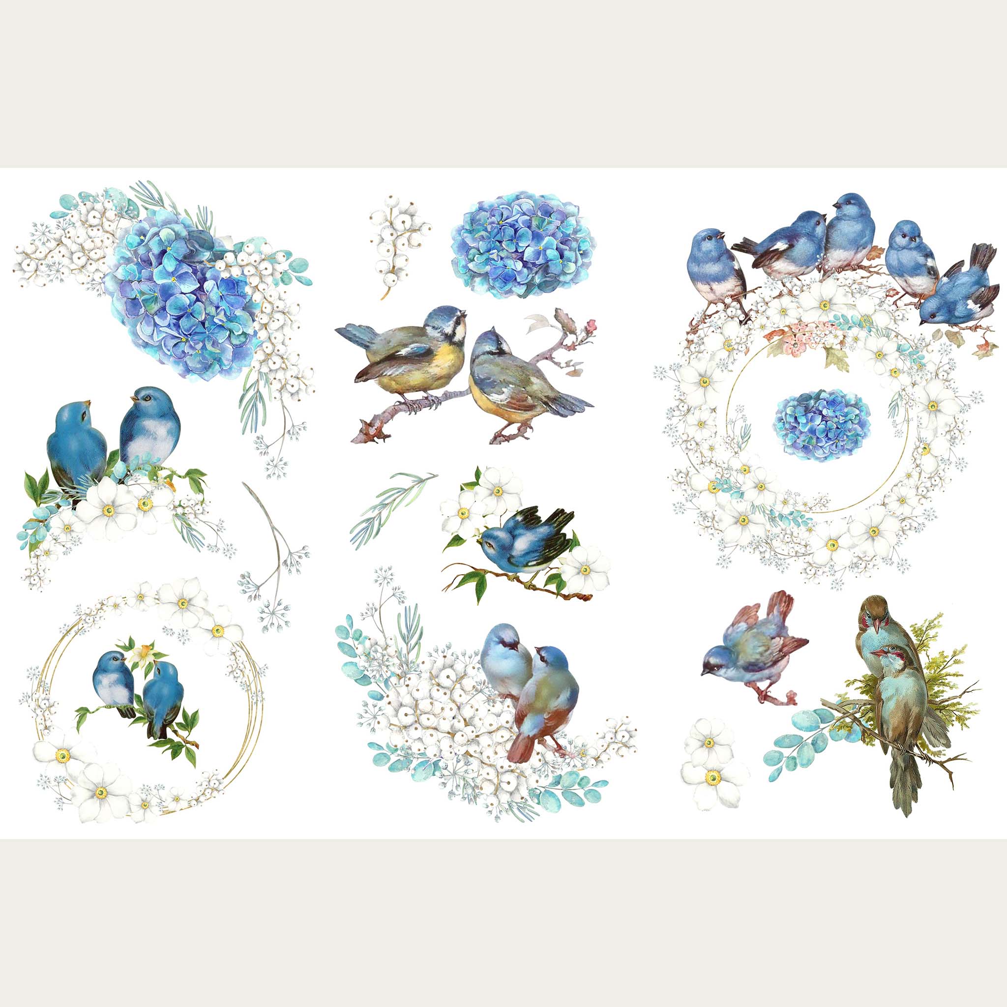 Three sheets of rub-on transfers with blue hydrangea flowers and blue birds on branches. Each sheet has a different variation of designs.
