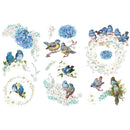 Small rub on transfers that feature beautiful hydrangea blooms in blues and purples, complete with whimsical blue birds are against a white background.