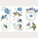 Three sheets of rub-on transfers with blue hydrangea flowers and blue birds on branches. Each sheet has a different variation of designs.