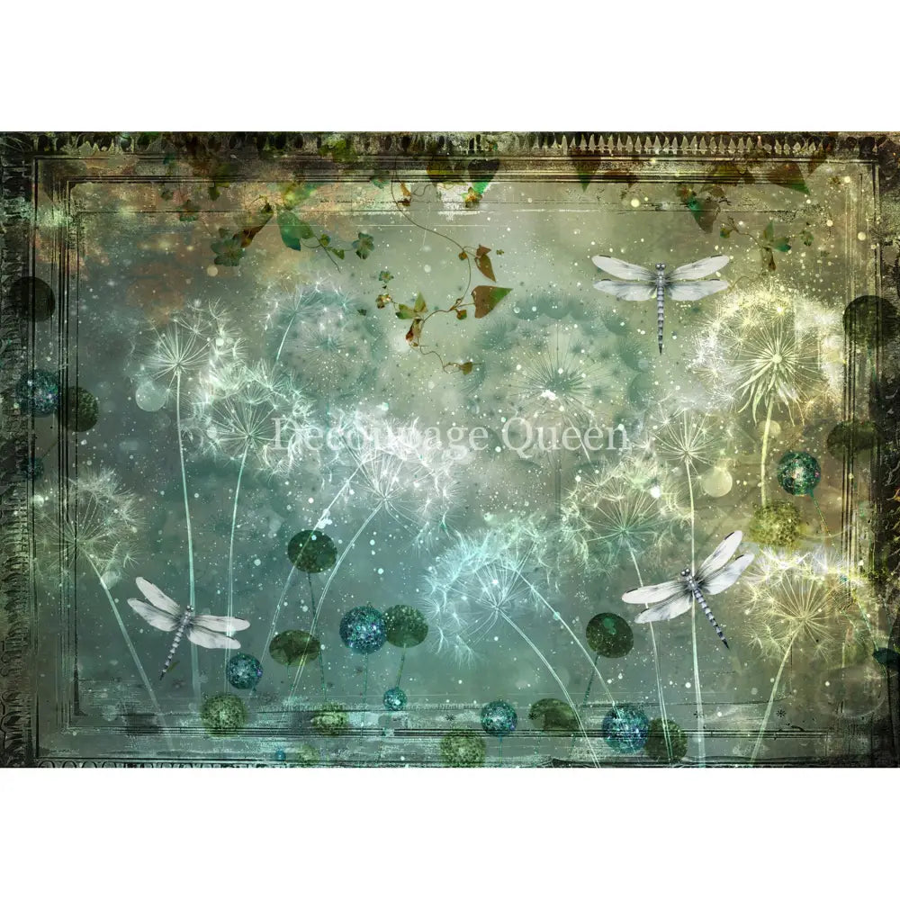 Rice paper design featuring dandelions and dragonflies scattered against an aqua colored grunge background with a decorative frame border. White borders are on the top and bottom.