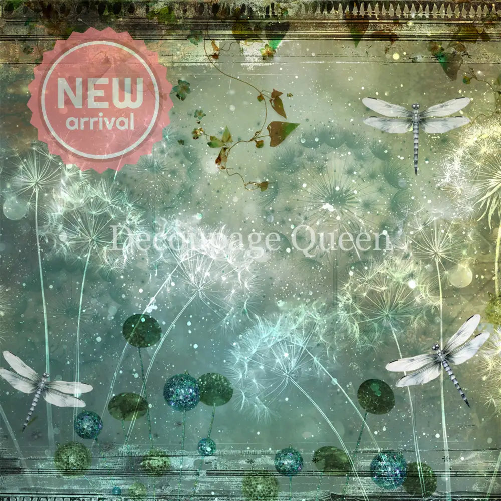 Close-up of a rice paper design featuring dandelions and dragonflies scattered against an aqua colored grunge background with a decorative frame border. 