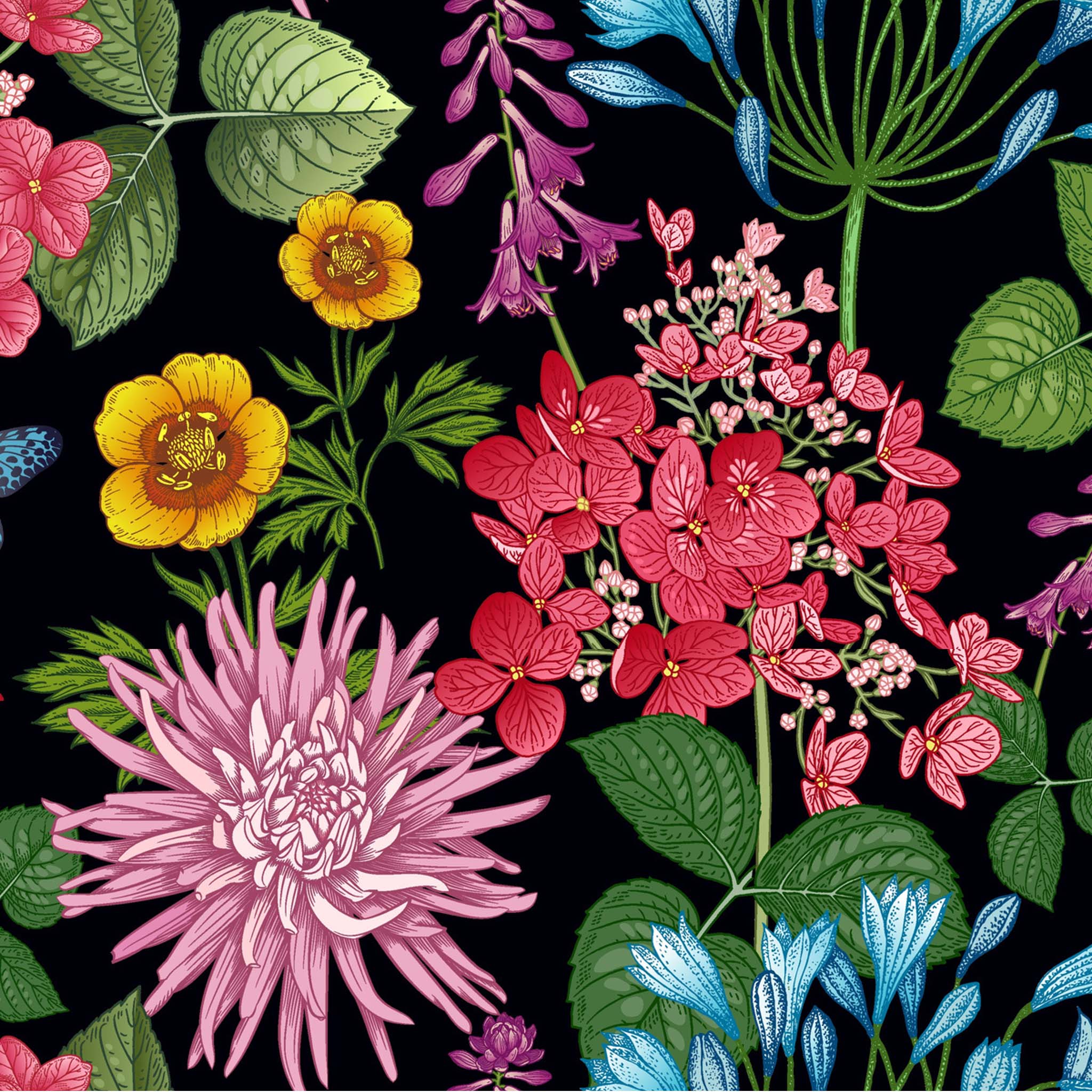 Close-up of a tissue paper design that features a jet black background with bright colorful flowers and foliage. 