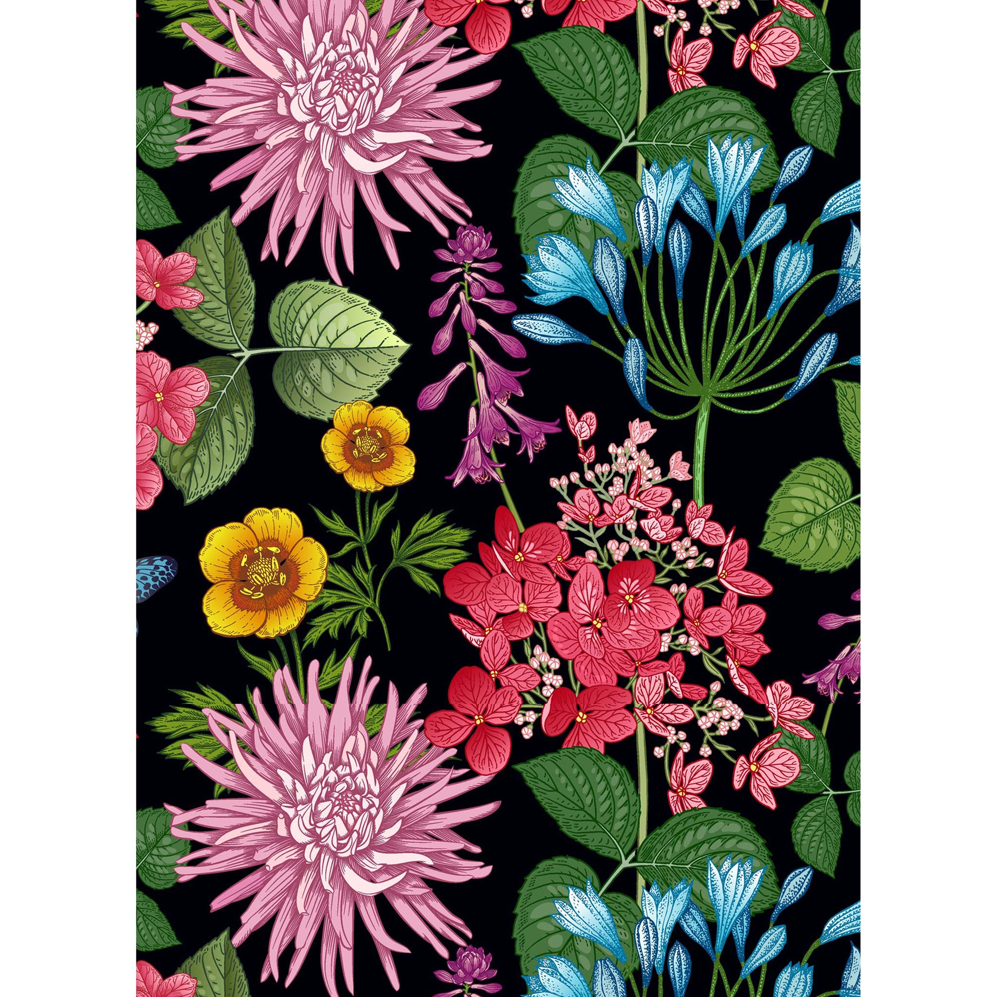Tissue paper design that features a jet black background with bright colorful flowers and foliage. White borders are on the sides.