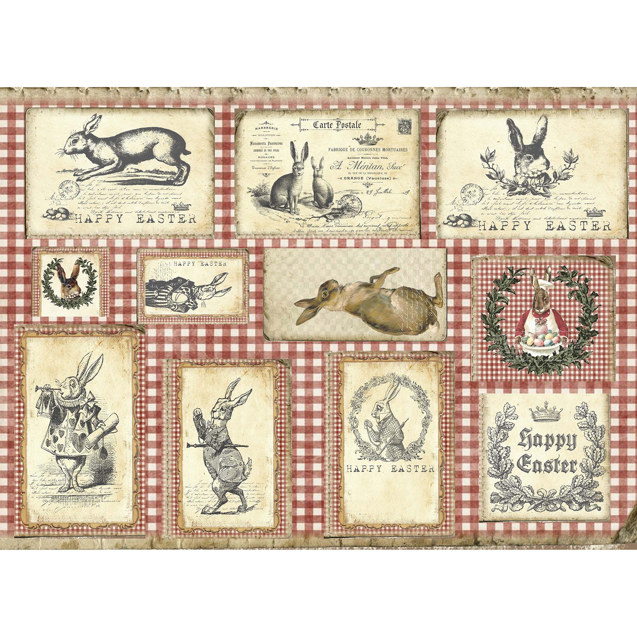 Tissue paper design featuring a vintage red check background and 10 charming rabbit images, plus a "happy easter" message. White borders are on the top and bottom.