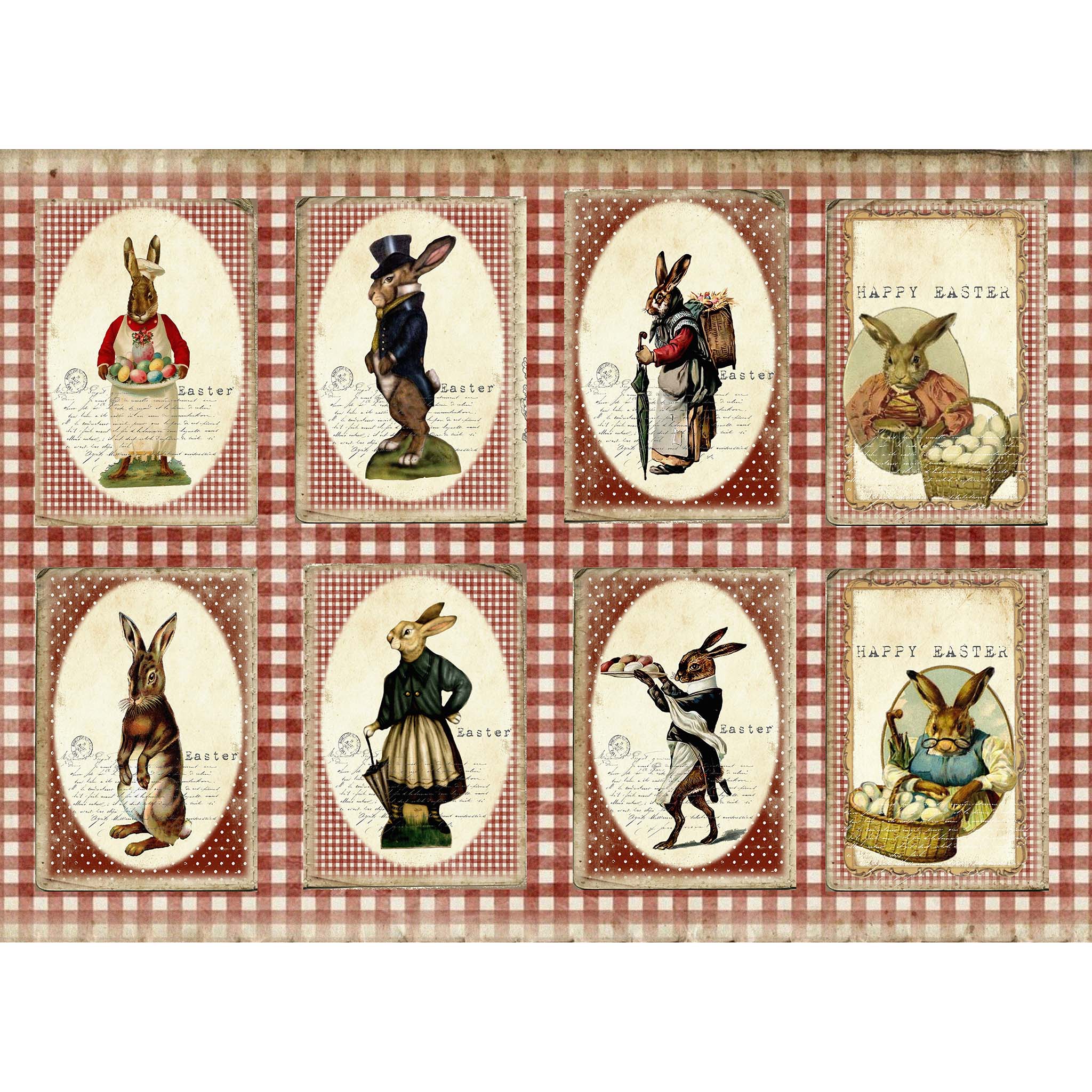 Tissue paper design that features 8 card images of stylishly dressed rabbits on a bold red check background White borders are on the top and bottom.