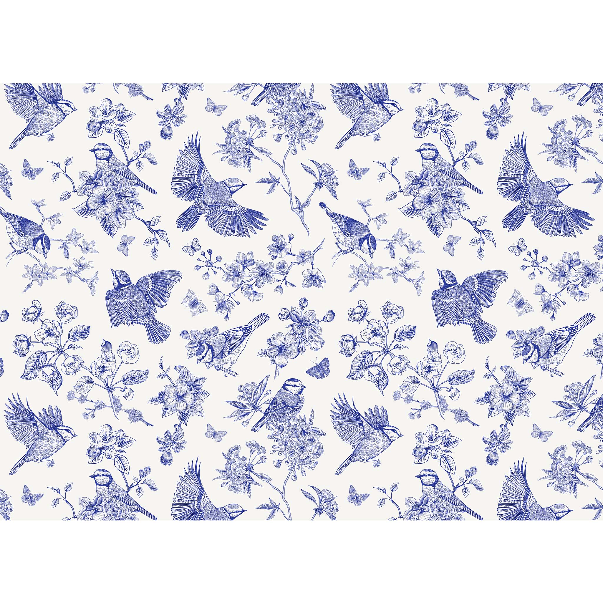 Tissue paper design that features a playful blue and white Delft style print, depicting birds in flight and resting on branches with floral accents. White borders are on the top and bottom.