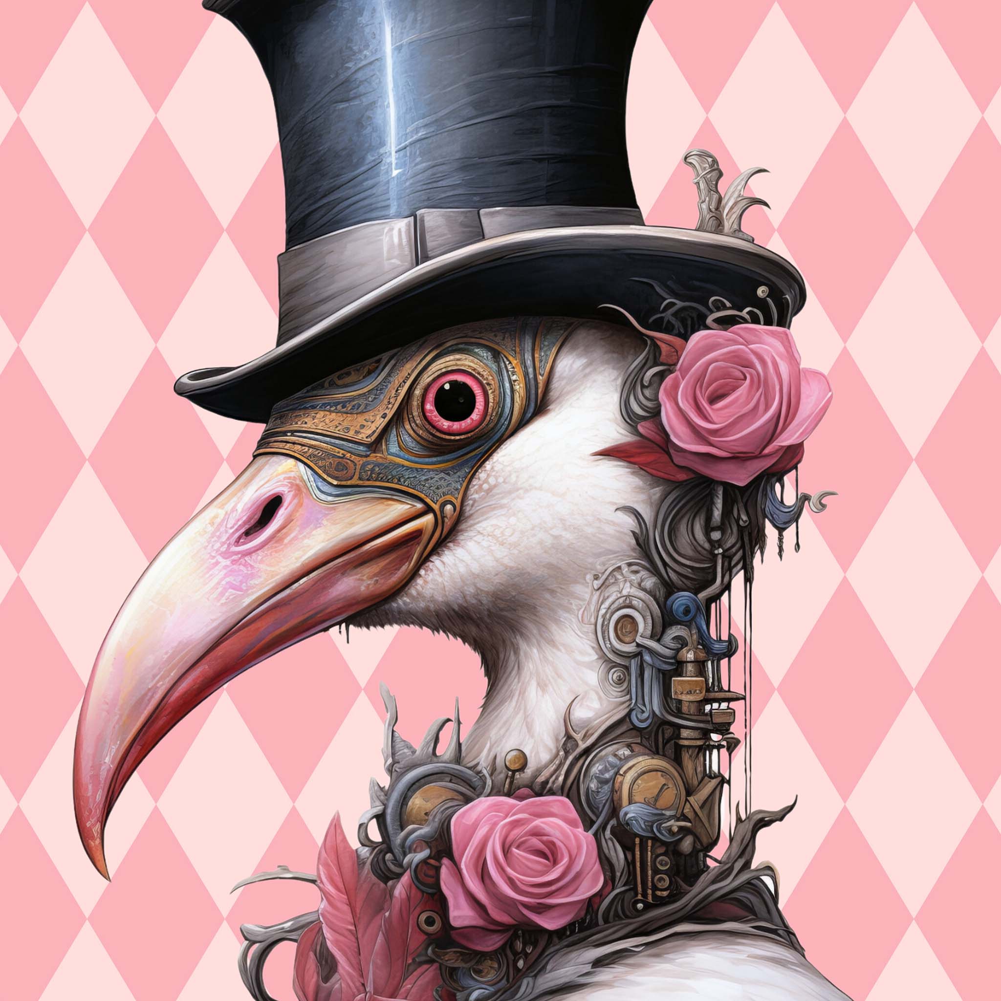 Close-up of a tissue paper design featuring a playful and whimsical fluffy white flamingo donning a steampunk tophat against a vibrant pink harlequin backdrop. 