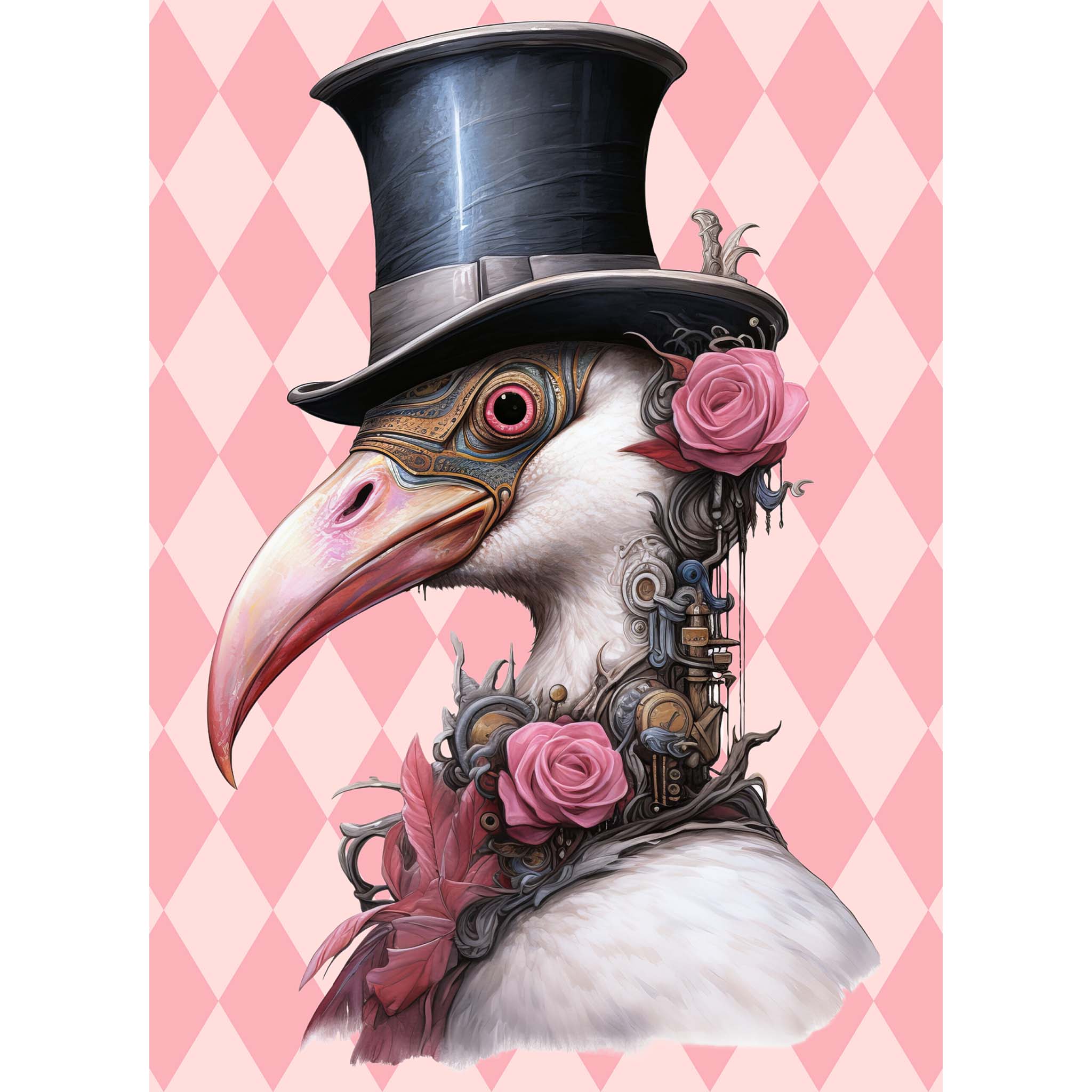 Tissue paper design featuring a playful and whimsical fluffy white flamingo donning a steampunk tophat against a vibrant pink harlequin backdrop. White borders are on the sides.