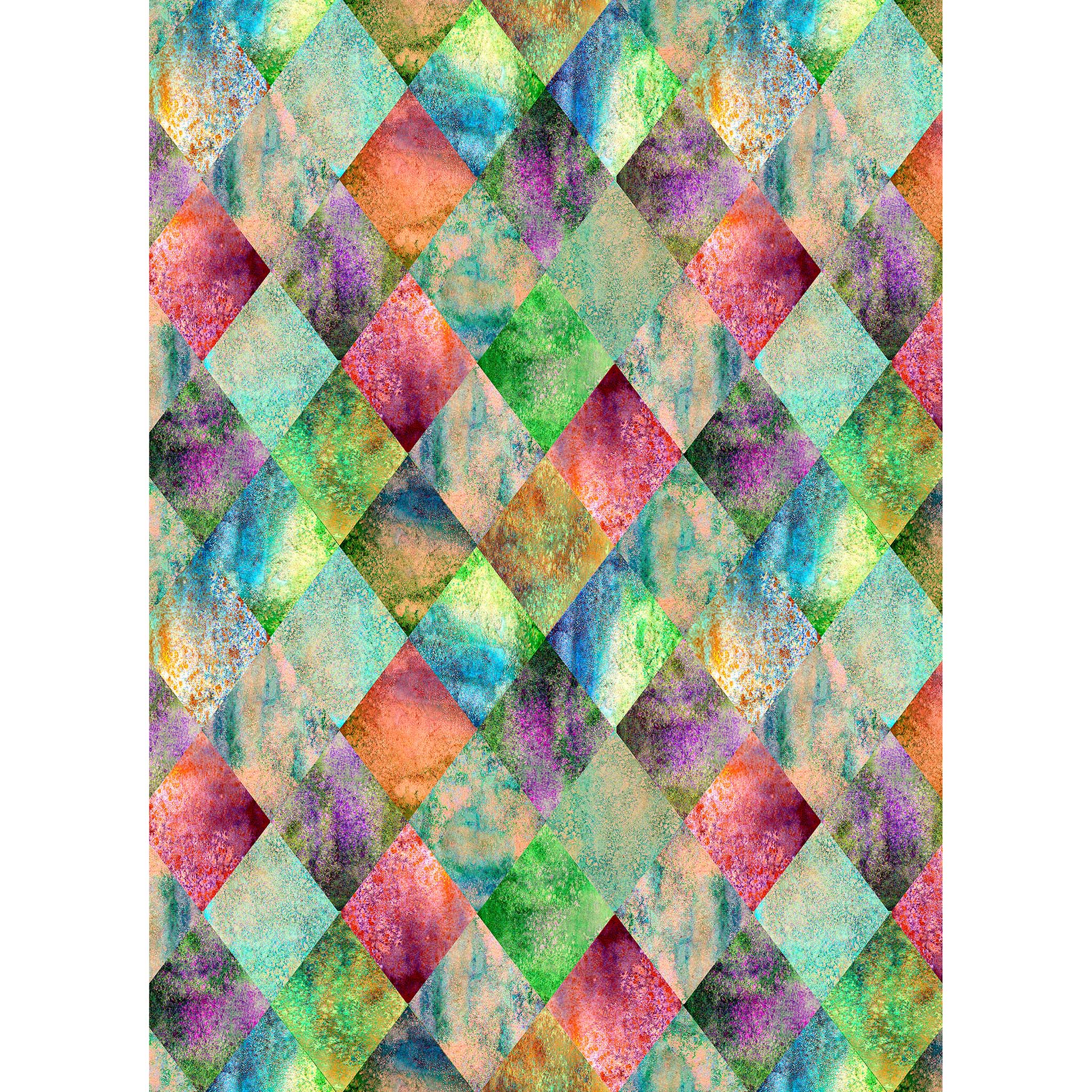 Tissue paper design that features a multicolored watercolor harlequin pattern. White borders are on the sides.
